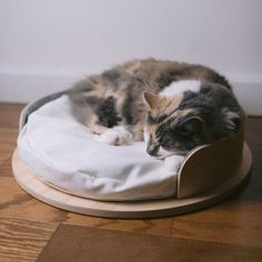 a cat laying on top of a white and black bed in the middle of a wooden floor