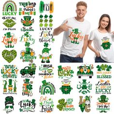 two people standing next to each other with shamrocks on their t - shirts and the words lucky irish