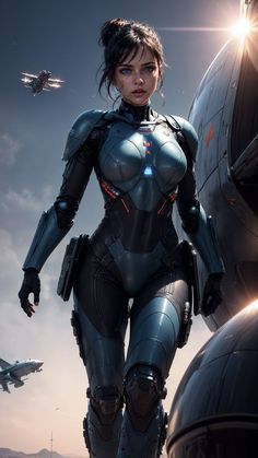 a woman in futuristic suit standing next to an airplane