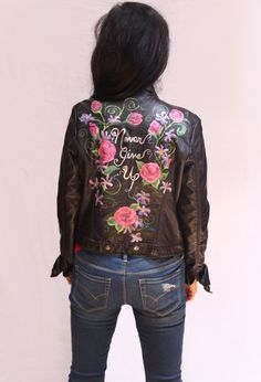 Hand Painted Vegan Leather Moto Jacket - Never Give Up! Spring Punk Biker Jacket For Alternative Fashion, Spring Punk Style Biker Jacket For Alternative Fashion, Spring Rocker Style Leather Jacket With Long Sleeves, Spring Punk Biker Jacket For Biker Events, Punk Style Biker Jacket For Spring Events, Fitted Biker Jacket For Alternative Fashion, Spring Biker Jacket For Alternative Fashion, Trendy Leather Jacket For Alternative Fashion In Fall, Edgy Leather Jacket For Biker Events In Spring