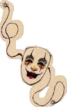 an embroidered image of a smiling clown with his arms in the air and eyes wide open