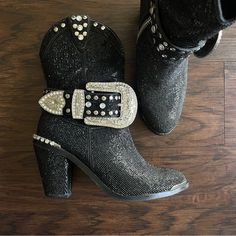 Reposhing This Item I Purchased From @Saverthbuyresle. Loved It, But Ready To Rotate For Something New. Questions? Leave A Comment Below! Black Embellished Boots With Round Toe, Black Western Boots With Rhinestone Rivets, Fitted Bling Boots With Round Toe, Black Rhinestone Boots With Round Toe, Fitted Round Toe Boots With Bling, Black Rhinestone Round Toe Boots, Black High Heel Boots With Bling, Glamorous Black Boots With Bling, Western Boots With Bling And Round Toe