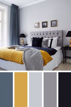 a bedroom with gray and yellow colors