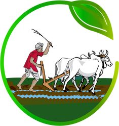 an old man plowing the land with two oxen and a green leaf on top