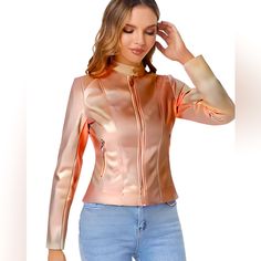 Elevate Your Style Statement With This Stunning Baccini Mott Feux Leather Jacket. Crafted From High-Quality Polyurethane, This Jacket Features A Metallic Rose Gold. The Jacket Is Fully Zippered And Comes With A Polyester Lining For Added Comfort. Add This Statement Piece To Your Closet And Stand Out From The Crowd. Chic Pink Leather Jacket With Zipper Closure, Fitted Pink Outerwear With Zipper Closure, Fitted Pink Leather Jacket For Winter, Fitted Long Sleeve Pink Leather Jacket, Fitted Pink Leather Jacket For Fall, Pink Fitted Leather Jacket For Spring, Fitted Pink Leather Jacket For Spring, Metallic Rose Gold, Black Faux Leather Jacket