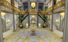 an elaborately decorated lobby with gold trimmings