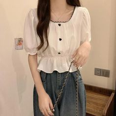 Short Sleeve Square Collar Blouse Shirts – Tomscloth Casual Black Puff Sleeve Shirt, Casual Puff Sleeve Shirt, Casual White Puff Sleeve Shirt, Casual Puff Sleeve Tops With Buttons, Aesthetic Outfits Y2k, Ladies Chiffon Shirts, Slim Fit Skirts, Hip Hop Fashion 90s, Suspender Dress