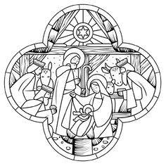 the nativity scene is depicted in this stained glass coloring page for adults and children