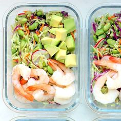 two plastic containers filled with shrimp, avocado and carrots next to each other