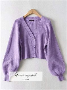 Women Solid Purple Buttoned Fluffy Boxy Cardigan with Puff Letran Sleeve basic style Purple Cardigan Outfits, Lavender Cardigan, Boxy Cardigan, Imperial Fashion, Plain Cardigan, Purple Cardigan, Colored Cardigans, Fitted Cardigan, Cardigan Shirt