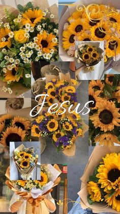 sunflowers and other flowers are arranged in different pictures with the words jesus above them