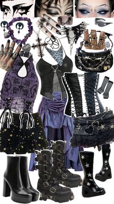 drag inspo miniskirt maximalist goth black purple witch early 2000s mcbling miniskirt scemo-ish Goth Outfits Concert, Y2k Witch Aesthetic, Early 2000s Goth Fashion, Goth 2000s Fashion, 2000s Goth Outfits, Black And Purple Outfit Ideas, Witch Goth Outfits, Biopunk Fashion, Purple Witch Outfit