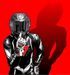 the shadow of a person in a motorcycle suit and helmet on a red background is shown