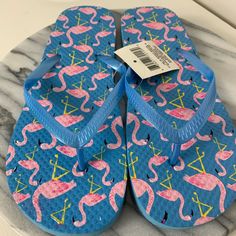 Flamingo Flip Flop Thongs Nwt Size 7/8 Sky Blue Flip Flop Thongs ~ Blue Iridescent Toe Thong Straps Bright Pink Flamingo Patterned Throughout Top Of Sandals Great For Beach, Pool Or Around The Yard Brand New With Tags!!! Blue Flip Flops For Swimming During Beach Season, Blue Flip Flops For Swimming In Spring, Blue Flip Flops For Swimming And Beach Season, Blue Flip Flops For Spring, Summer Style Pink Flip Flops For Pool, Blue Flip Flops For Spring Swimming, Casual Pink Flip Flops For Pool, Trendy Blue Flip Flops For Beach Season, Blue Flip Flops For Beach Season