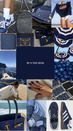 blue and white collage with the words run the risk