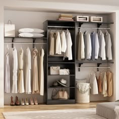 an open closet with clothes and shoes on shelves next to a bed in a room