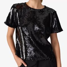 Sanctuary Perfect Short-Sleeve Black Sequin T-Shirt Top 95% Polyester | 5% Spandex Machine Wash Cold, Dry Flat. Approx. Length 24" Affordable Black Festive Tops, Affordable Black T-shirt With Glitter Print, Cheap Black Sequined Blouse, Sequin Tshirt, Black Sequins, Shirt Top, T Shirt Top, Sequin, Top Blouse