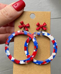 How adorable are these red white & blue earrings!  They are perfect for the 4th of July & Memorial day. Hooks add about 1/2". Red Plastic Earrings For Gift, Multicolor Earrings For Independence Day Gift, Patriotic Earrings For 4th Of July Gift, Patriotic Multicolor Earrings As Gift, Patriotic Blue Earrings For Gift, Patriotic Blue Earrings For Independence Day, Blue Patriotic Earrings For Independence Day, Patriotic Multicolor Earrings For Independence Day, Fun Red Plastic Jewelry