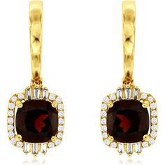 Royal 14K Yellow Gold Cushion Cut Garnet & Diamond Earrings - 3.30 Carat Garnet, 0.29 Carat Diamond Total Weight Luxury Cushion Cut Gemstone Earrings, Elegant Gemstone Hoop Earrings For Formal Occasions, Yellow Gold Dangle Cluster Earrings For Formal Events, Formal Yellow Gold Hoop Earrings With Gemstones, Formal Yellow Gold Gemstone Hoop Earrings, Formal Yellow Gold Dangle Cluster Earrings, Formal Gold Cluster Earrings With Gemstone, Gold Gemstone Cluster Earrings For Formal Occasions, Formal Dangle Hoop Earrings With Gemstones