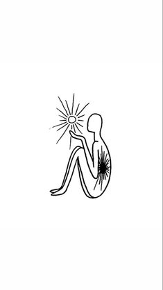 a black and white drawing of a person sitting on the ground with a sun in their hand