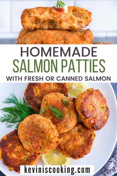 homemade salmon patties on a plate with lemon wedges and dill garnish