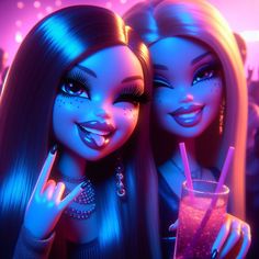 two barbie dolls are holding drinks in their hands and posing for the camera with bright lights behind them