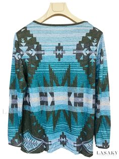 Lasaky - Womens Vintage Crew Neck Long Sleeve Sweater with Aztec Print Knit - Stylish and Cozy Clothing Cozy Multicolor Long Sleeve Tops, Green Jacquard Knit Long Sleeve Cardigan, Multicolor Soft Knit Crew Neck Tops, Cozy Jacquard Knit Tops For Fall, Green Soft Knit Long Sleeve Top, Green Long Sleeve Soft Knit Top, Casual Green Jacquard Knit Tops, Green Jacquard Knit Long Sleeve Top, Cozy Multicolor Knit Tops