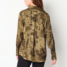 This women's Worthington button-down offers a unique style for work or social outings thanks to its elevated satin pajama shirt silhouette and abstract painterly pattern. It has a point collar, long cuffed sleeves and a button-front closure. Wear it with tailored pants or jeans and ankle boots.Closure Type: ButtonFit: Regular FitNeckline: Collar NeckSleeve Length: Long SleeveSleeve Style: Cuffed SleeveApparel Length: 28.25 InchesFiber Content: 100% PolyesterFabric Description: SatinCollar: Poin… Elegant Brown Button-up Shirt, Brown Button-up Blouse, Affordable Gold Button-up Blouse, Vintage Brown Flannel Shirt With Button Closure, Brown Button-up Blouse With Button Closure, Shirt Silhouette, Satin Pajama, Large Shirts, Satin Pajamas