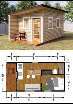 a small house with the floor plan for it and measurements to make it look bigger