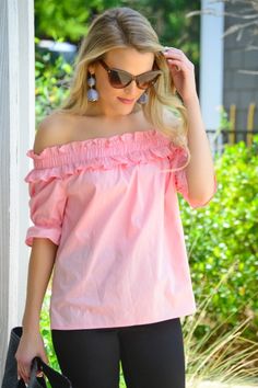 Blushing Lady Top :: The Blue Door Boutique Spring Flirty Cotton Tops, Flirty Cotton Tops For Spring, Feminine Off-shoulder Top With Ruffles For Summer, Trendy Spring Off-shoulder Top With Ruffles, Trendy Ruffled Off-shoulder Top For Day Out, Trendy Off-shoulder Ruffle Top For Day Out, Casual Off-shoulder Top With Ruffles, Trendy Off-shoulder Top With Ruffles For Day Out, Summer Cotton Tops With Ruffle Sleeves