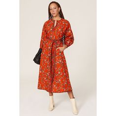 Multicolor floral cotton (100% cotton). Casual dresses. Split neck. Long sleeve. Pull on. 51" from shoulder to hemline. Imported. Tory Burch Dress, Orange Print, Caftan Dress, Rent The Runway, Tie Sleeve, Dress First, Tunic Dress, Color Orange, Red Dress