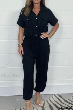 Olivia Mark - Solid Color Casual Shirt with Wide-Leg Jumpsuit Casual Short Sleeve Solid Color Jumpsuits And Rompers, Casual Short-sleeved Solid Color Jumpsuits And Rompers, Black Button-up Jumpsuit For Work, Casual Jumpsuits And Rompers With Button Closure For Work, Trendy Collared Jumpsuits And Rompers For Workwear, Casual Solid Color Button-up Jumpsuits And Rompers, Casual Collared Jumpsuits And Rompers With Relaxed Fit, Relaxed Fit Collared Jumpsuits And Rompers For Work, Black Casual Short Sleeve Jumpsuits And Rompers