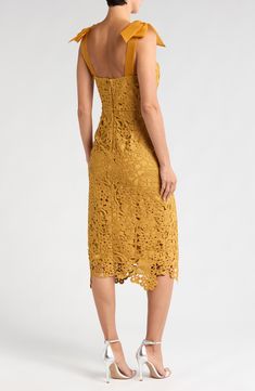 Sweeten your evening-out vibe in this square-neck midi crafted with lacy cutouts. 38" to 42" length (size Medium) Hidden back-zip closure Square neck Sleeveless Partially lined 100% polyester Dry clean Imported Mustard Dress, Kay Unger Dresses, Dresses Yellow, Kay Unger, Mustard Dressing, Yellow Mustard, Lace Midi, Lace Midi Dress, Fabric Gifts