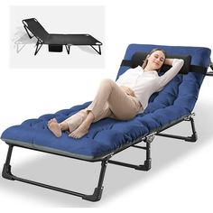 a woman laying on top of a blue chaise lounge