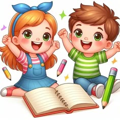 two children sitting on the floor with an open book and pencils in front of them