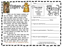 a book with pictures of tigers and other animals on the page, which includes information about them