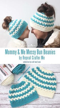 two women wearing knitted hats and mittens with text that reads, mommy & me messy bun beanies by repeat crafter me