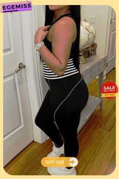 Casual Sportswear Striped Split Joint O Neck Skinny Jumpsuits Casual Black Unitard For Summer, Casual Black Summer Unitard, Casual Black Jumpsuits And Rompers For Gym, Black Stretch Sporty Jumpsuits And Rompers, Black Sleeveless Unitard For Athleisure, Sleeveless Athleisure Unitard, Black Sleeveless Athleisure Unitard, Casual Black Sports Jumpsuits And Rompers, Sporty Sleeveless Jumpsuits For Workout