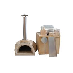 a wood fired pizza oven next to a tool holder