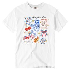 Get ready to celebrate in style with our 4th of July charms inspired cowgirl t-shirt! Made with 100% cotton from Comfort Colors, it's not only trendy but so comfortable. Featuring a playful tagline "You look like the fourth of July" and a coquette preppy bow design, this shirt is perfect for summer and all year around for showing off your patriotic pride. Don't forget to size up for an oversized look. Fabric: 100% Cotton Design: Heat applied direct to film ink Color: White Colors will vary from Patriotic Summer T-shirt With Custom Print, Independence Day Cotton T-shirt With Funny Print, Retro Graphic Print T-shirt For 4th Of July, Summer Patriotic T-shirt With Custom Print, 4th Of July Custom Print Graphic Tee, 4th Of July Graphic Tee With Custom Print, Labor Day Graphic Print Shirt, Cotton T-shirt With Graphic Print For Memorial Day, The Fourth Of July