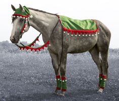 a gray horse with red and green decorations on it's face standing in a field