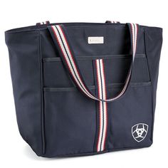 a blue tote bag with white, red, and blue stripes on the side