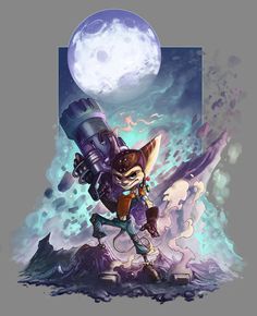 an image of a cartoon character holding a giant object in front of a full moon