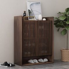 a wooden shelf with shoes on it next to a potted plant and a basket