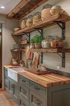 a kitchen filled with lots of wooden shelves