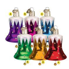 multicolored bell ornaments with bells hanging from the top and on each one's sides