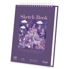 a purple notebook with an image of a castle on the front and back cover that says sketch book