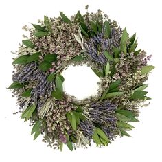 a wreath with lavenders and green leaves