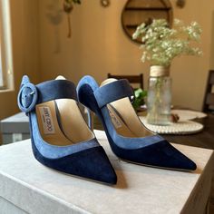 Jimmy Choo Hendrix 85 Stone Blue Suede Mix Closed Toe Mule Size 36 New. Comes With Original Box And Dust Bag Designer Blue Pointed Toe Heels, Blue Closed Toe Heels With Branded Insole, Designer Blue Heels With Removable Insole, Fancy Shoes, Fabulous Shoes, Jimmy Choo Shoes, Hendrix, Blue Suede, Mule