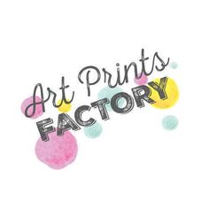 the words art prints factory are painted in black and yellow on a white background with polka dots